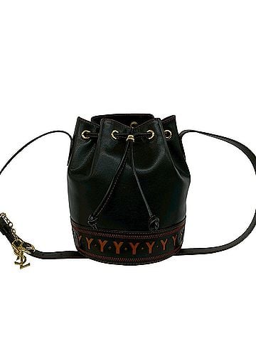 Yves Saint Laurent YVES SAINT LAURENT YSL Logo Hardware Cutout Leather Drawstring Shoulder Bag Black Orange 38724 (view 1)