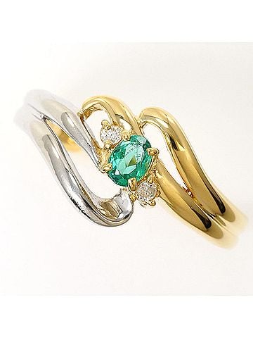 Unbranded PT850 Platinum 18K Yellow Gold Ring, 1 Emerald 0.16ct, Diamond 0.03ct, Total Weight 3.1g, Like New Condition Jewelry (view 1)