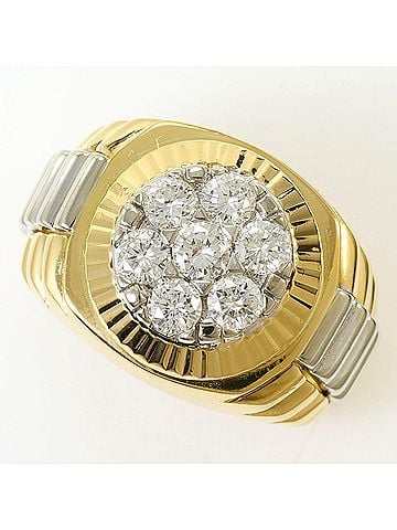 Unbranded 18K (18-karat) yellow gold ring with 1 diamond (no carat marking), includes appraisal certificate, total weight 14.9g, like new condition. (view 1)