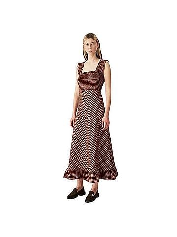 Ganni Seersucker Checkered Ruffle Sleeve Smocked Maxi Dress Casual Dress (view 1)