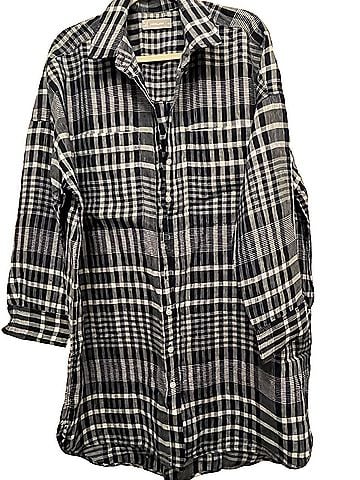 Everlane Linen Navy Plaid Button-Down Shirt Dress Casual Dress (view 1)