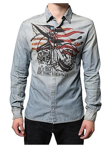 John Galliano Light Blue Printed Cotton Denim Long Sleeves Men's Shirt (view 1)