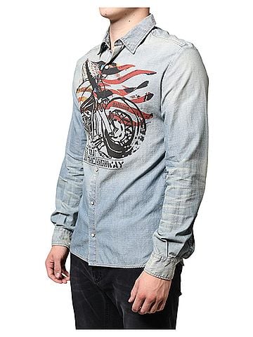 John Galliano Light Blue Printed Cotton Denim Long Sleeves Men's Shirt (view 2)