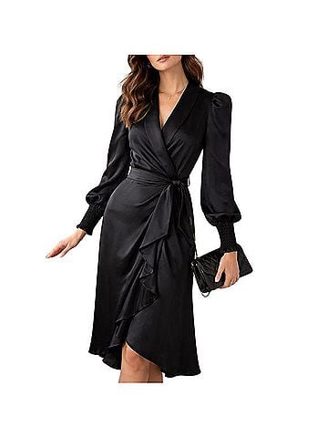Rachel Parcell Black Satin Wrap Style Midi Dress with Puff Sleeves Cocktail Dress (view 1)