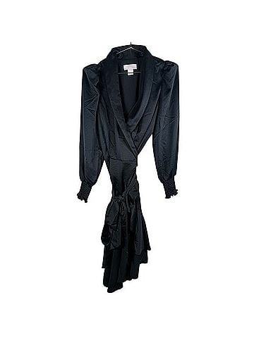 Rachel Parcell Black Satin Wrap Style Midi Dress with Puff Sleeves Cocktail Dress (view 2)