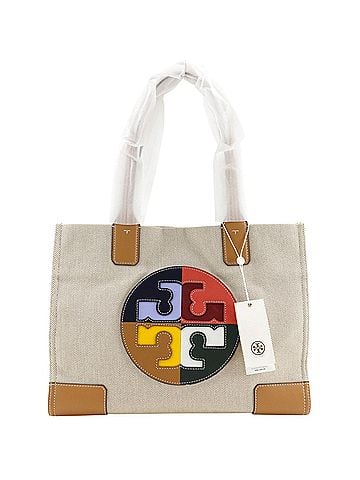Tory Burch Tory Burch Ella Colorblock Logo Tote Bag, Canvas x Leather, Beige, A4 Size, Magnetic Closure, Women's. (view 1)