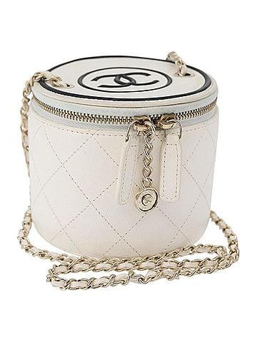 Chanel Cc Round Vanity Case With Chain Quilted Lambskin White Leather Clutche & Pouche Bag (view 1)