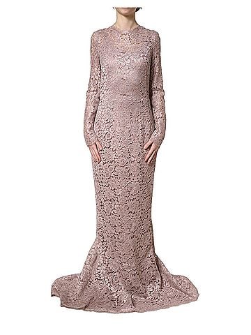 Dolce & Gabbana Basic Pink Lace Long Sleeves Evening Gown Women's Dress (view 1)