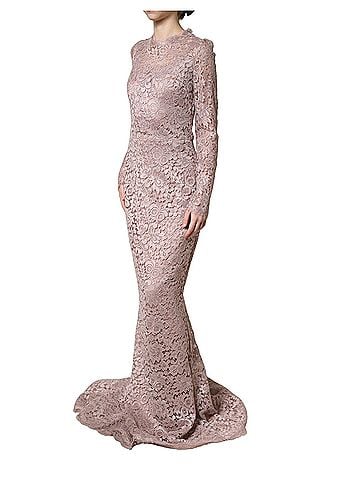 Dolce & Gabbana Basic Pink Lace Long Sleeves Evening Gown Women's Dress (view 2)
