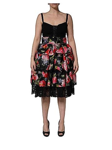 Dolce & Gabbana Basic Black Sleeveless Bustier Floral Print Tiered Women's Dress (view 1)