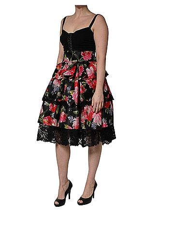 Dolce & Gabbana Basic Black Sleeveless Bustier Floral Print Tiered Women's Dress (view 2)