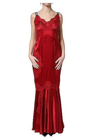Dolce & Gabbana Basic Red Silk Sleeveless Maxi Long Lace Trim Women's Dress (view 1)