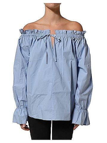 L'autre Chose Light Blue Cotton Off Shoulder Long Sleeves Women's Top (view 1)