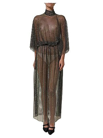 Dolce & Gabbana Basic Black Rhinestone Mesh Turtleneck Maxi Women's Dress (view 1)