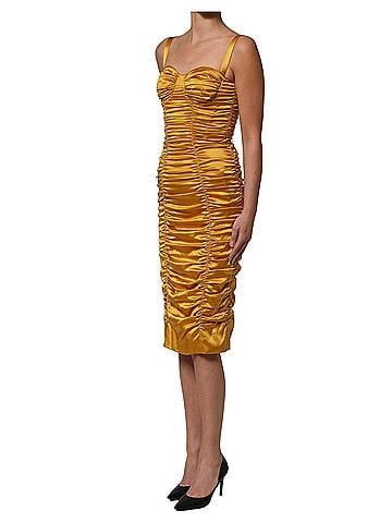Dolce & Gabbana Basic Gold Silk Ruched Bodycon Sheath Midi Women's Dress (view 2)