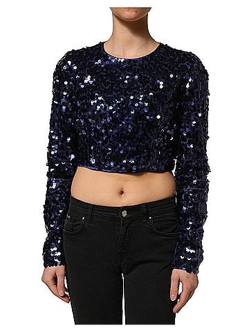 Dolce & Gabbana Basic Blue Sequined Long Sleeves Crop Blouse Women's Top (view 1)
