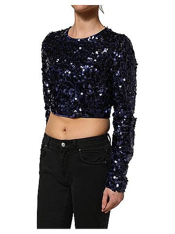 Dolce & Gabbana Basic Blue Sequined Long Sleeves Crop Blouse Women's Top (view 2)