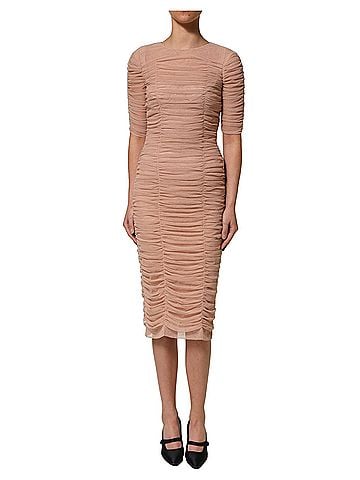 Dolce & Gabbana Basic Beige Cotton Mesh Ruched Sheath Midi Women's Dress (view 1)