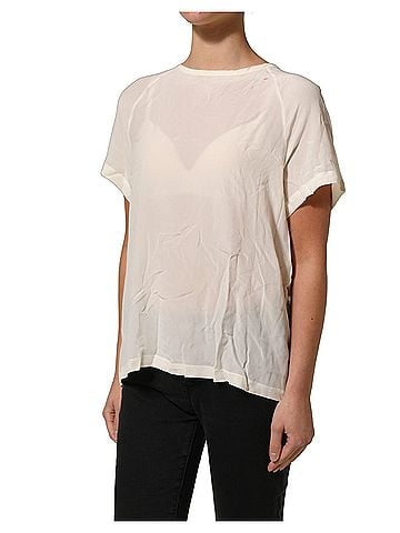 Pinko Off White Silk Sheer Round Neck Short Sleeves Blouse Women's Top (view 2)