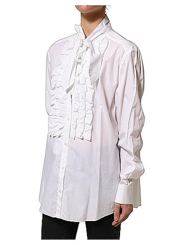 Dolce & Gabbana Basic White Ruffled Bib Long Sleeves Blouse Women's Top (view 2)