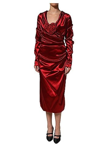 Dolce & Gabbana Basic Red Silk Satin Draped Midi Floral Applique Women's Dress (view 1)