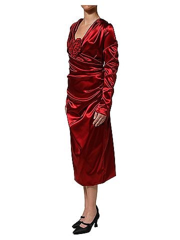 Dolce & Gabbana Basic Red Silk Satin Draped Midi Floral Applique Women's Dress (view 2)