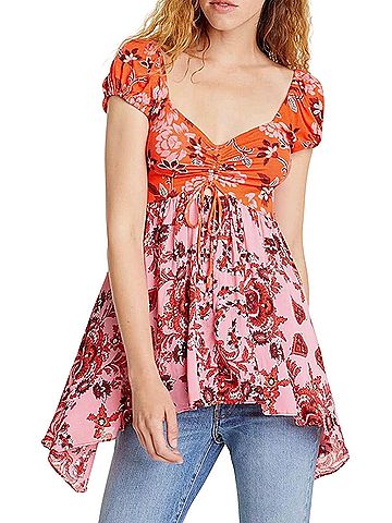 Free People La Bamba Floral Baby Doll Pullover Short Sleeve Blouse (view 1)