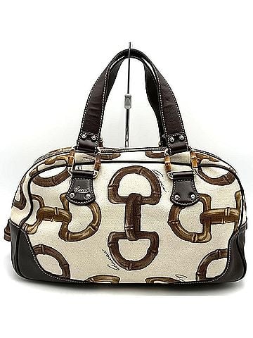 Gucci GUCCI 154377 Bamboo Horsebit Tote Bag, Canvas and Leather, Beige Brown, Women's (view 1)