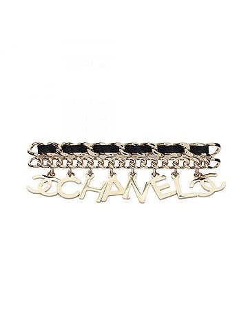 Chanel Chanel logo chain brooch accessory, gold plated leather, women's, gold/black tones. (view 1)