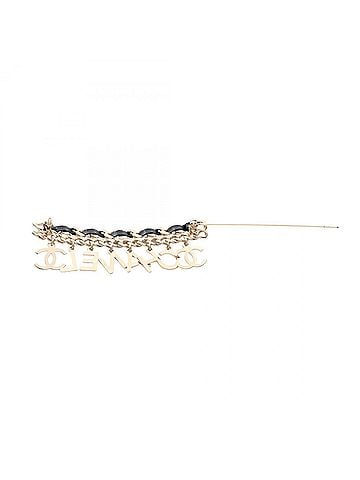 Chanel Chanel logo chain brooch accessory, gold plated leather, women's, gold/black tones. (view 2)