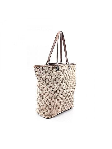 Gucci Gucci GG Canvas Tote Bag Handbag, and Leather, Women's, Beige/Brown, 31243 (view 2)