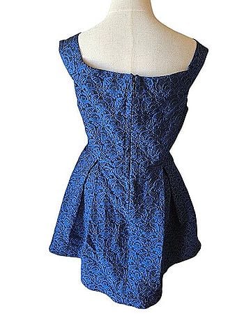 L'Atiste by Amy Off-Shoulder Elegant Blue Patterned Mini Tapestry Cocktail Dress (view 2)