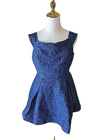 L'Atiste by Amy Off-Shoulder Elegant Blue Patterned Mini Tapestry Cocktail Dress (view 1)