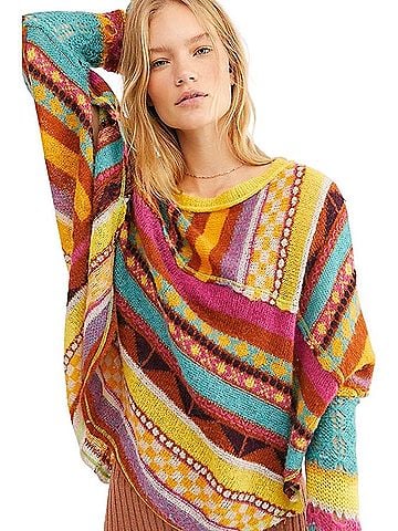Free People NWT 2020 Bright Multicolored Knit Sweater | 70s Boho Whimsigoth Indie Sleaze Festival Artsy Grunge Poncho (view 1)
