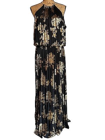 MSK Metallic Gold Floral Pleated Blouson Gown Black Gold Maxi Cocktail Dress (view 1)