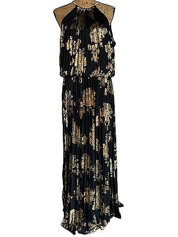 MSK Metallic Gold Floral Pleated Blouson Gown Black Gold Maxi Cocktail Dress (view 2)