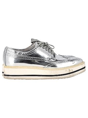 Prada Prada Wingtip Oxford Platform Sneakers in Metallic Silver Leather (view 1)