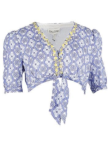 Saloni Saloni Jamie Floral-Embroidered Cropped Top in Blue Linen (view 1)