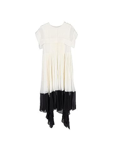 Chloé  Chloé Square Collar Pleated Midi Dress in White and Black Viscose (view 1)