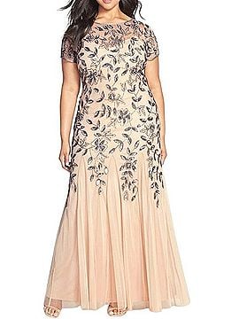 Adrianna Papell Beaded Short Sleeve Floral Godet Gown Cocktail Dress (view 1)