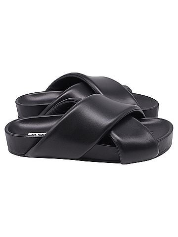 Jil Sander  Jil Sander Padded Cross Strap Slide Sandals in Black Leather (view 1)