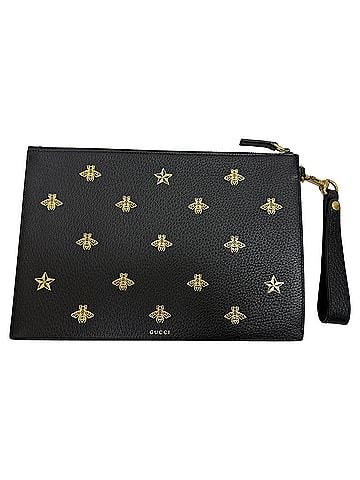 Gucci Gucci Dollar Boar Effect Bee Star Zip Wristlet Pouch in Black Calfskin Leather (view 1)