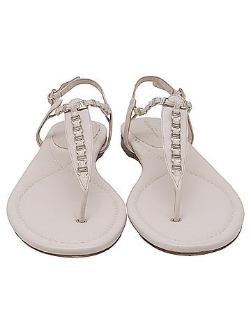 Salvatore Ferragamo  Salvatore Ferragamo Chain-Link T-Strap Flat Sandals in White Leather (view 2)