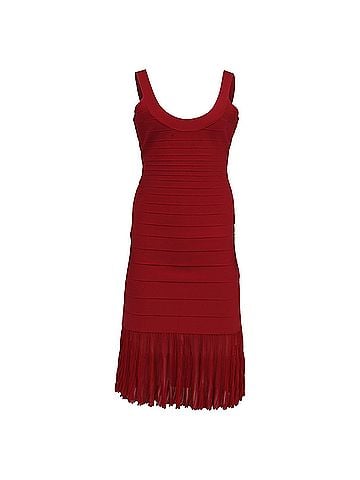 Herve Leger  Herve Leger Bandage Pleated Midi Dress in Burgundy Rayon (view 1)