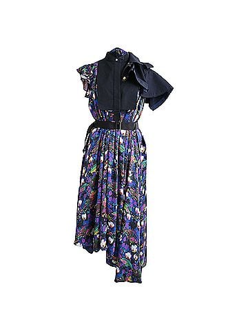 Sacai  Sacai Floral-Print Belted Asymmetric Midi Dress in Multicolor Polyester (view 1)
