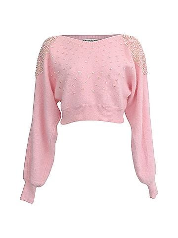 Alessandra Rich Alessandra Rich Beaded Cropped Sweater in Pink Anggora Wool (view 1)