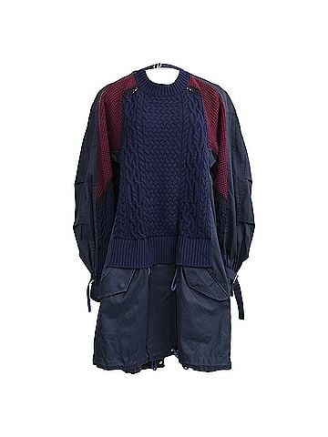 Sacai Sacai Cable-Knit Layered Effect Mini Dress in Navy Blue Wool (view 1)