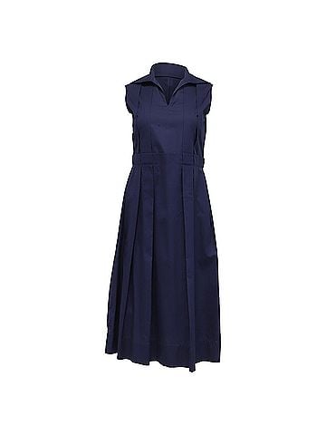 MARNI Marni Open-Collar Pleated Midi Dress in Navy Blue Cotton (view 1)