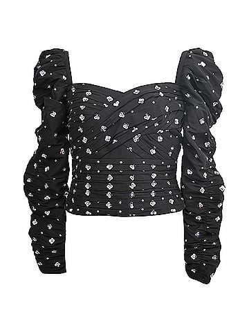 Self-Portrait Self-Portrait Sequin-Embellished Puff-Sleeve Ruched Top in Black Polyester (view 1)