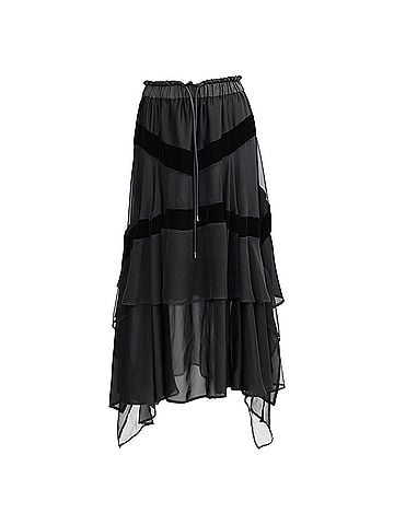 Sacai Sacai Drawstring Ruffled Midi Skirt in Black Polyester (view 1)